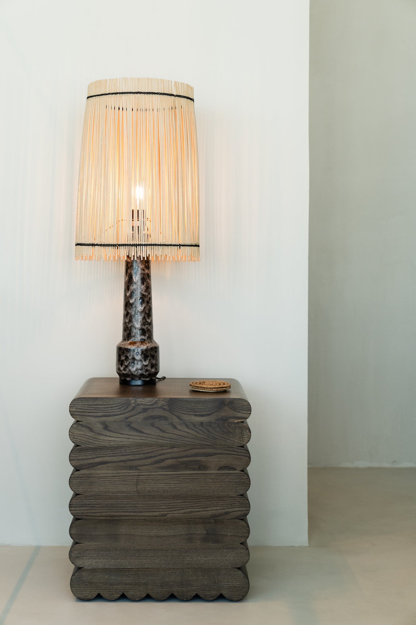 HKliving Cone Bamboo Lamp Shade with Retro Stoneware Lamp Base Brown