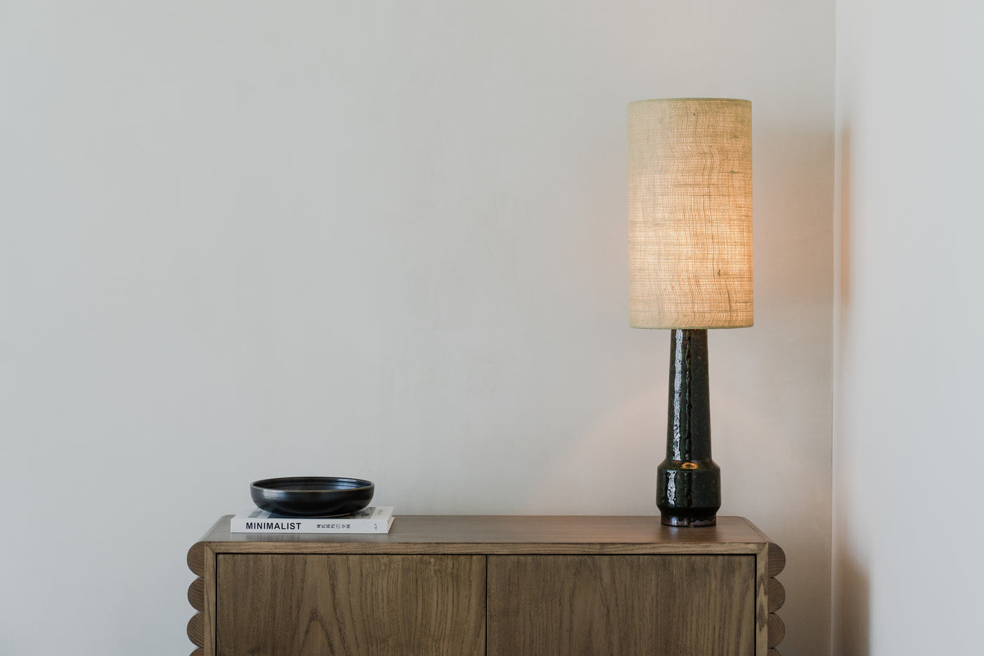HKliving Jute Cylinder Lampshade Jade Green with Retro Stoneware Lamp Base Green