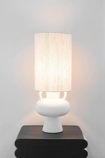 HKliving Cylinder Lamp Shade Natural Linen with Stoneware Lamp Base White